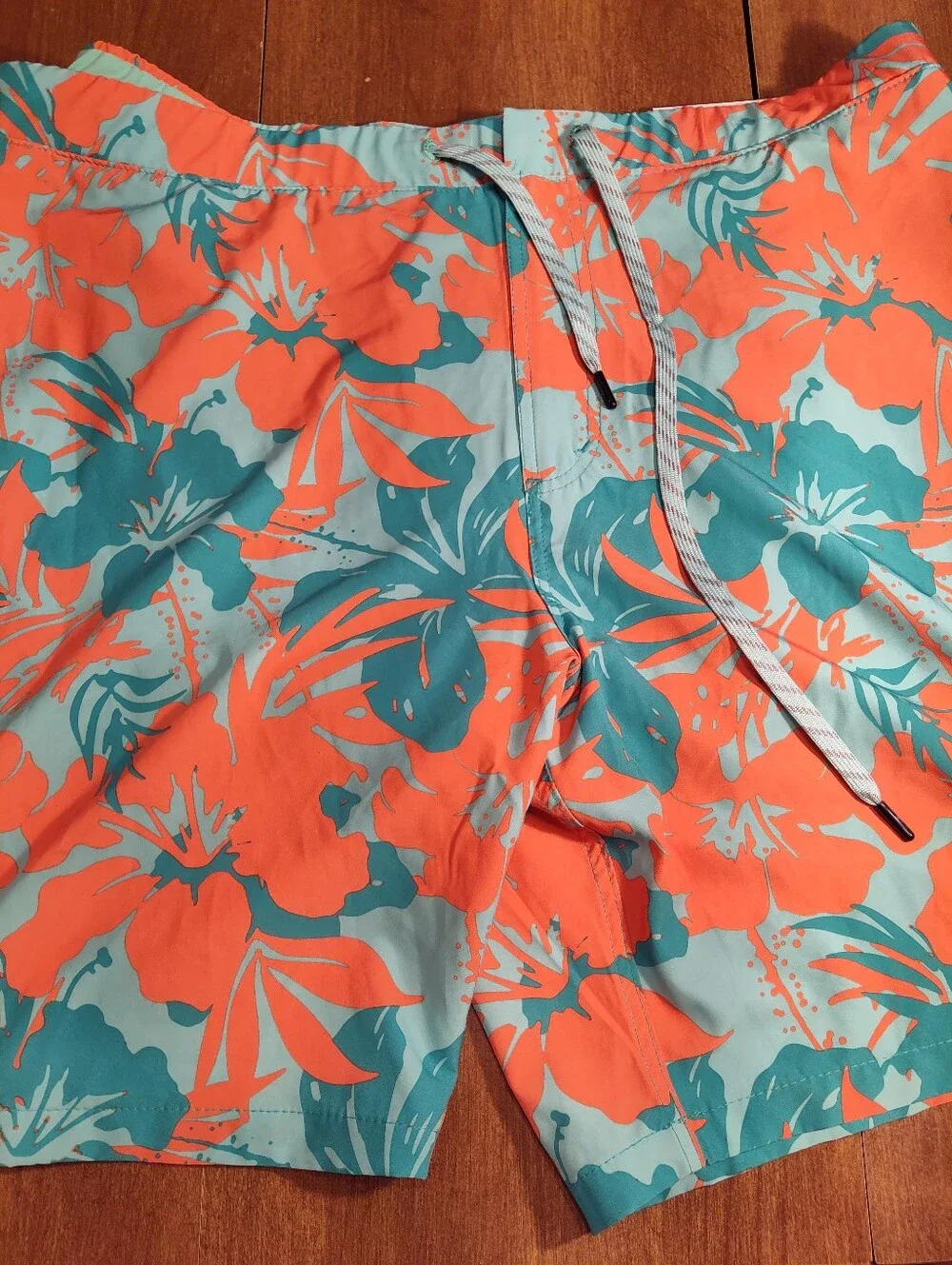 Tropical Floral Swim Trunks in Coral & Teal